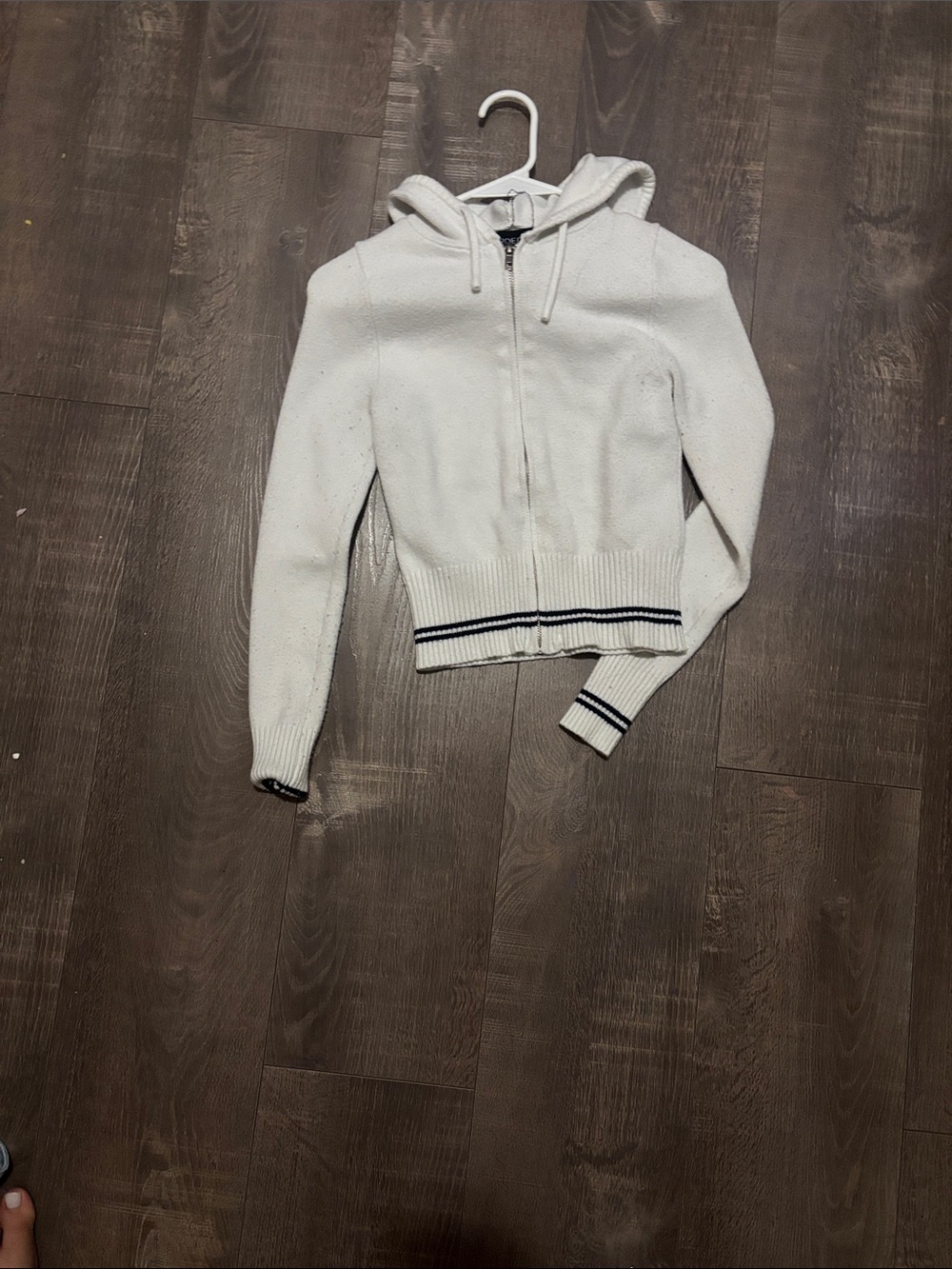 Arden B Cream Hooded Zip Cardigan with Navy Stripe Trim